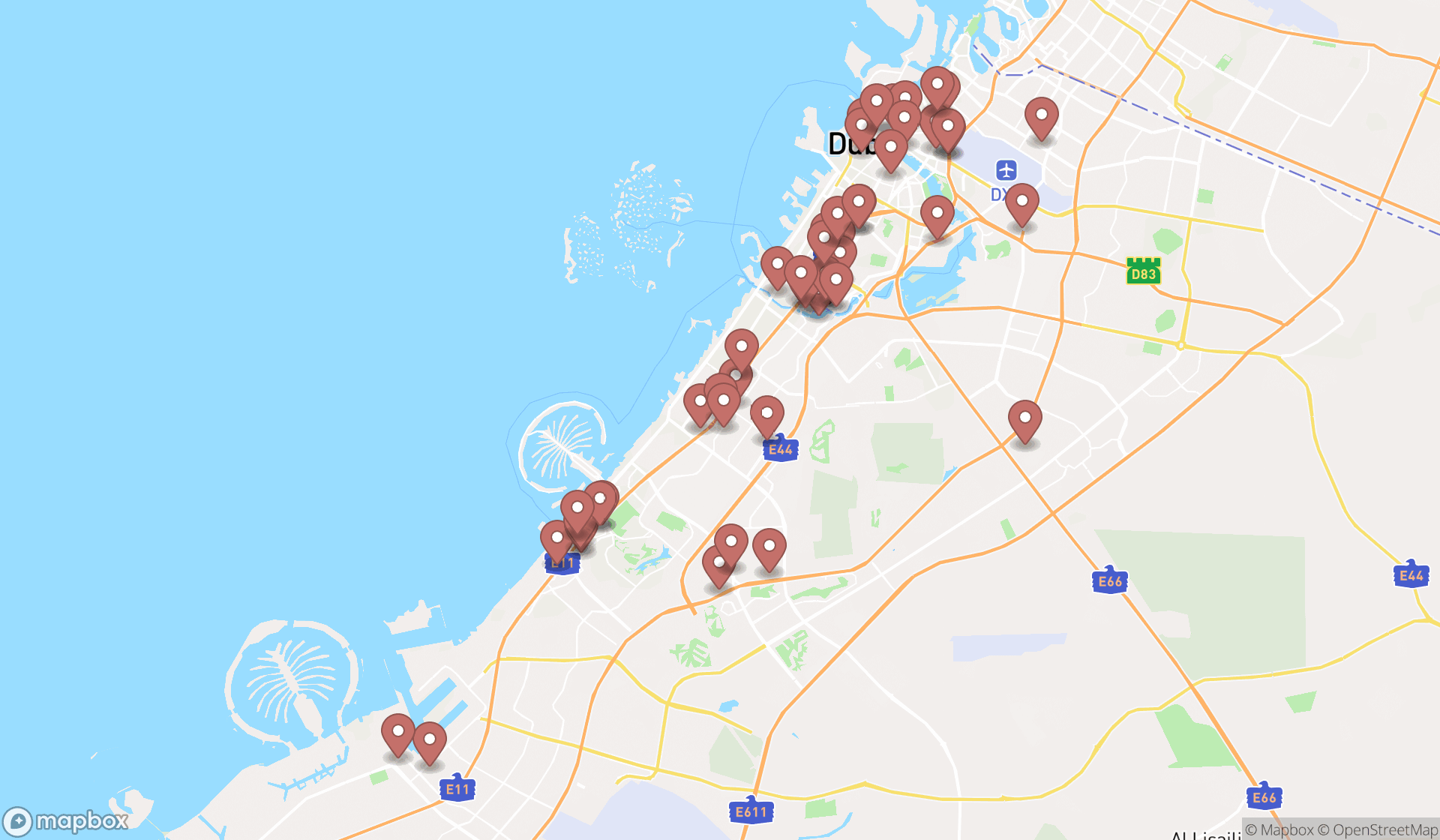 Map showing the search results in Dubai