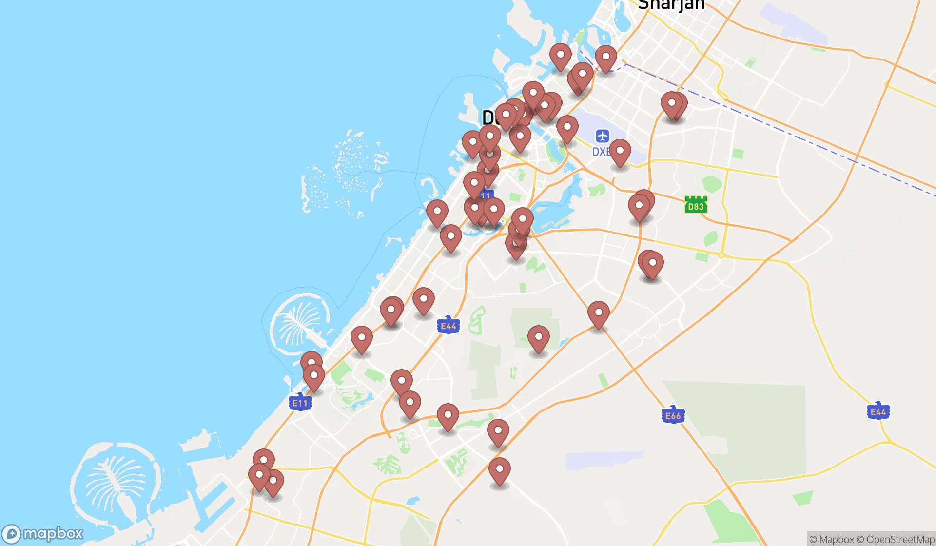 Map showing the search results in Dubai