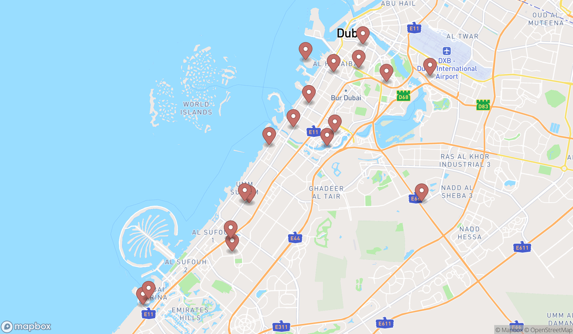 Map showing the search results in Dubai