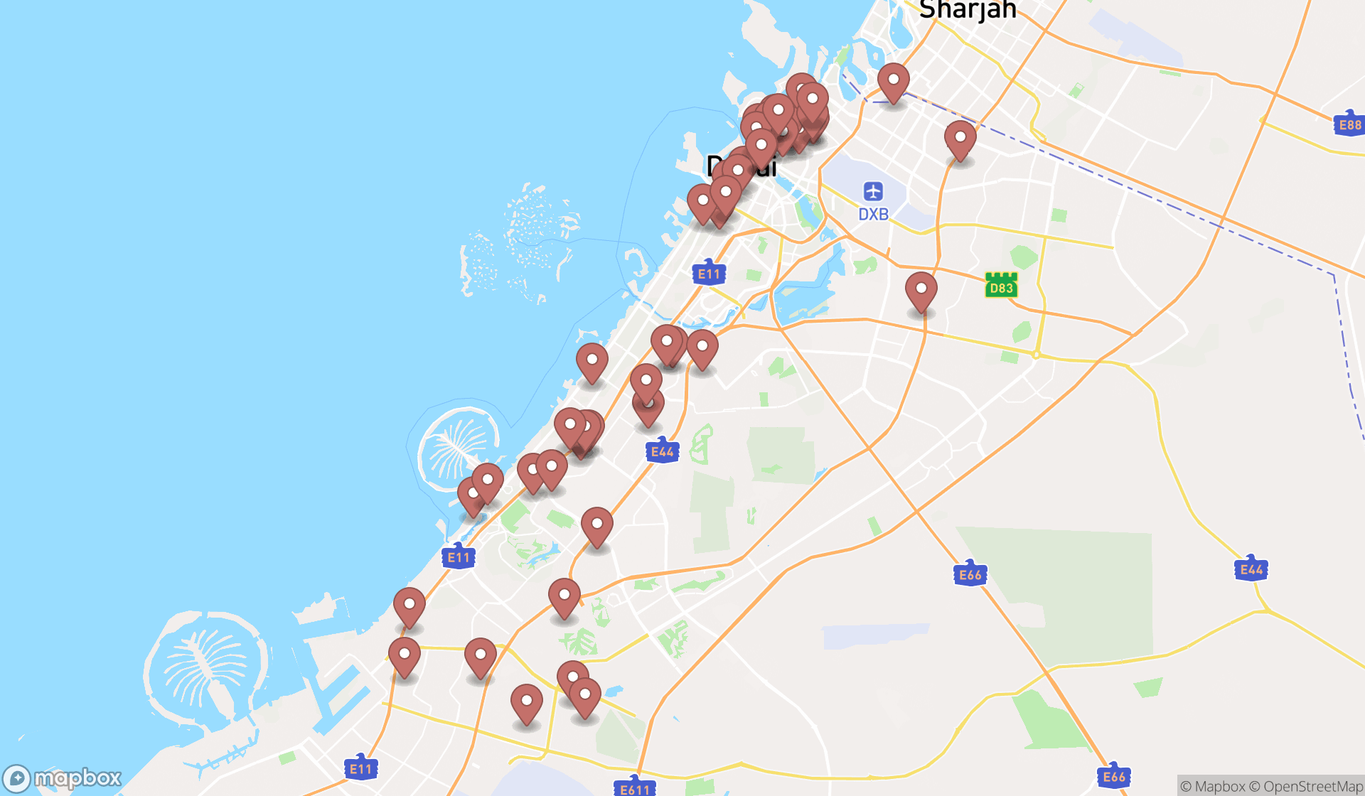 Map showing the search results in Dubai