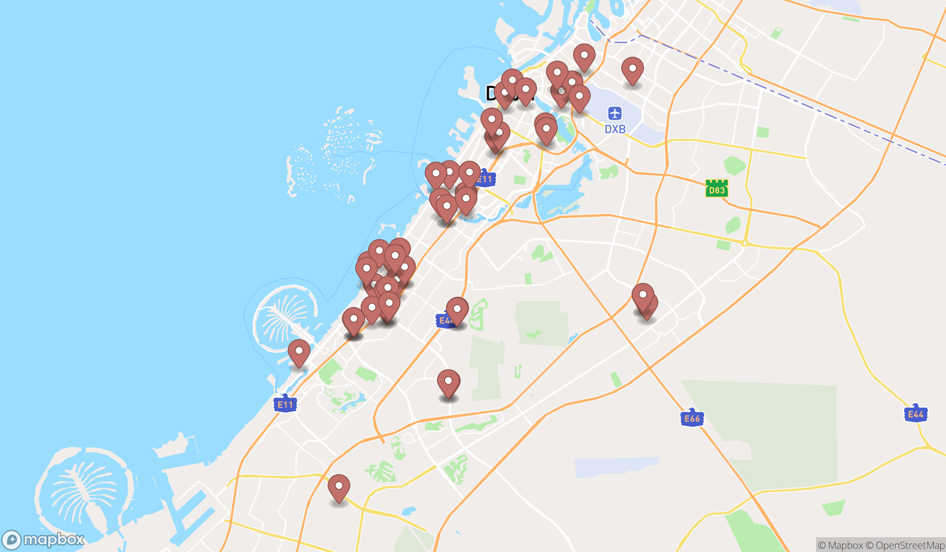 Map showing the search results in Dubai