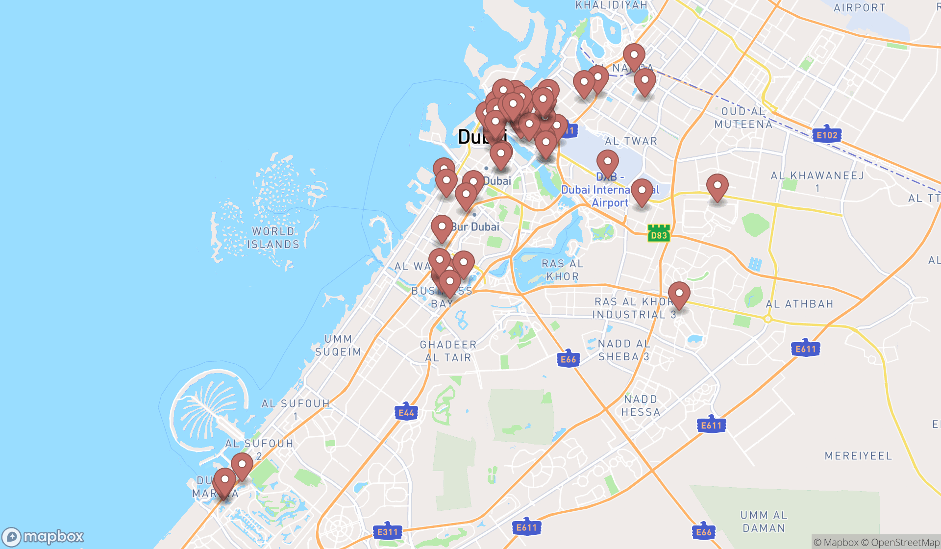 Map showing the search results in Dubai