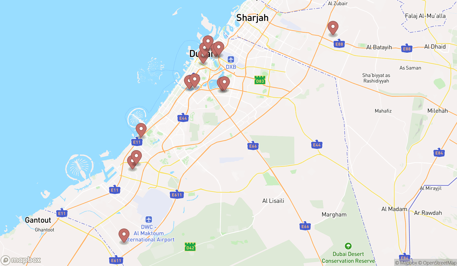 Map showing the search results in Dubai