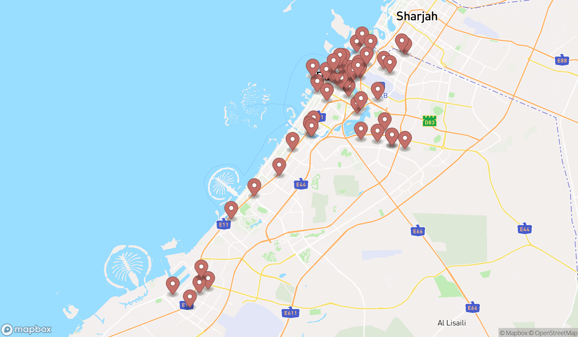 Map showing the search results in Dubai