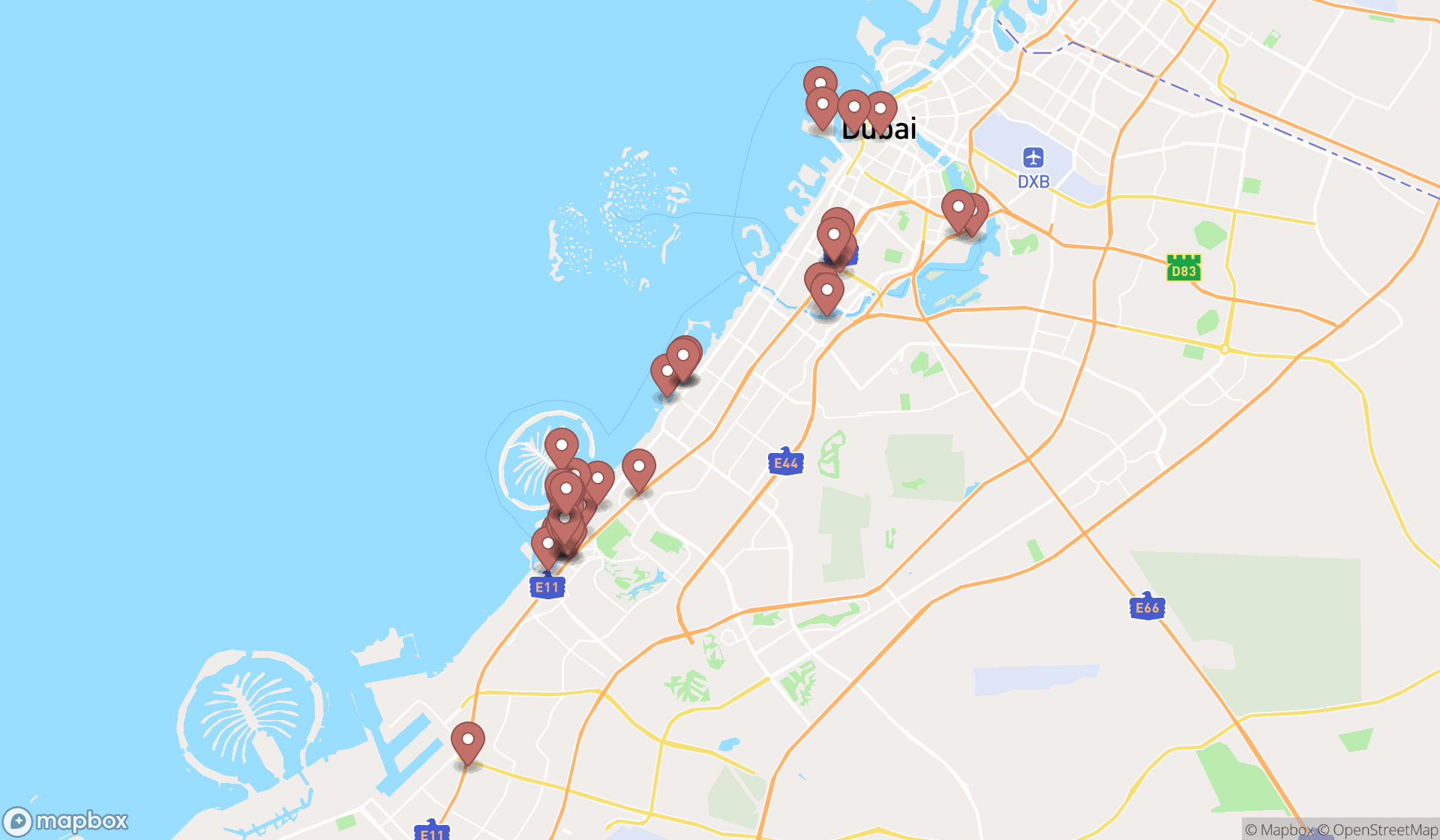Map showing the search results in Dubai