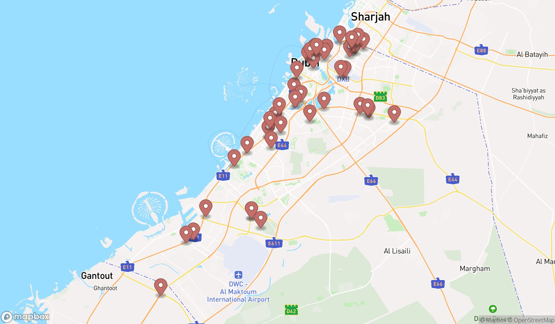 Map showing the search results in Dubai