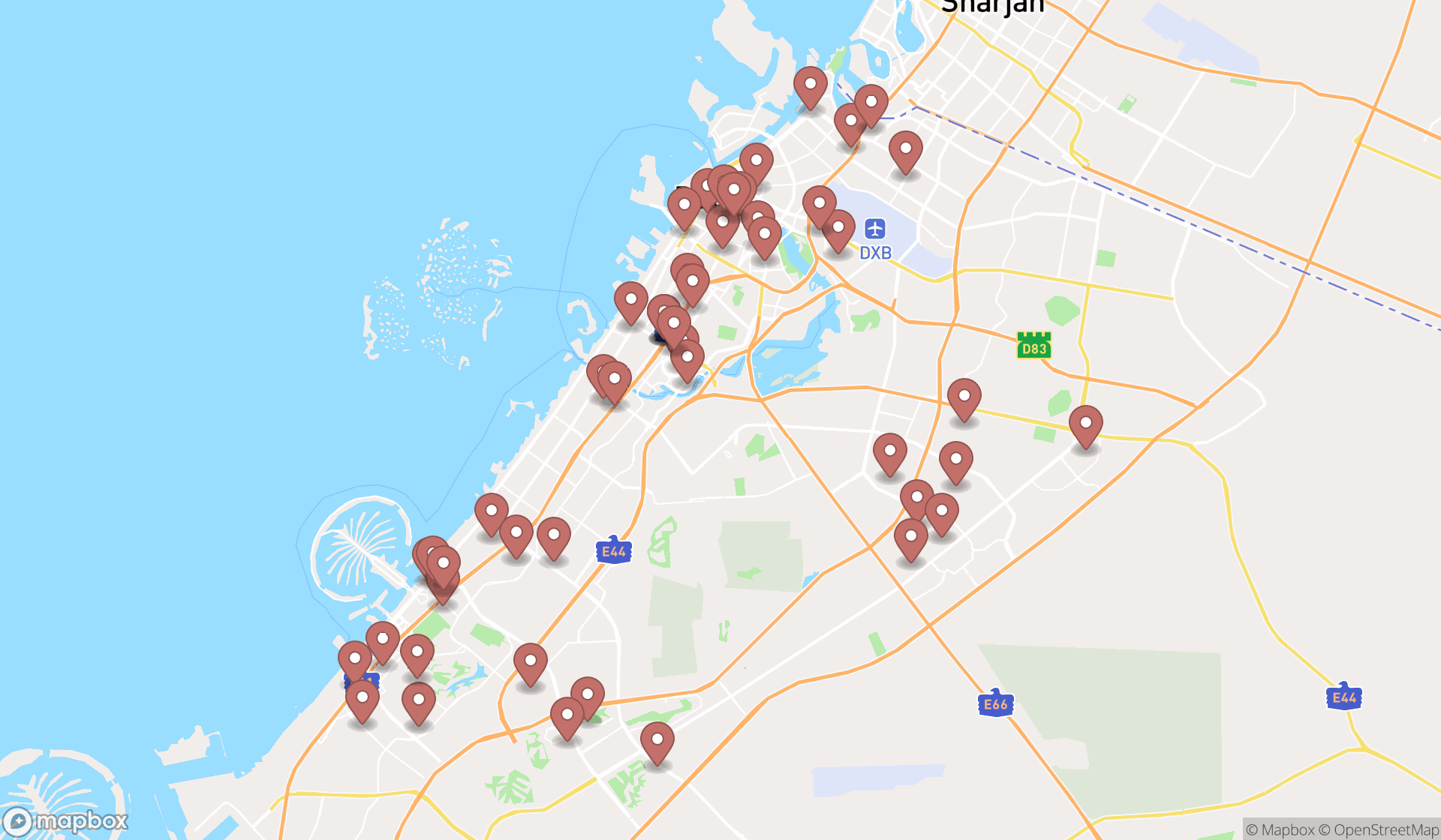 Map showing the search results in Dubai