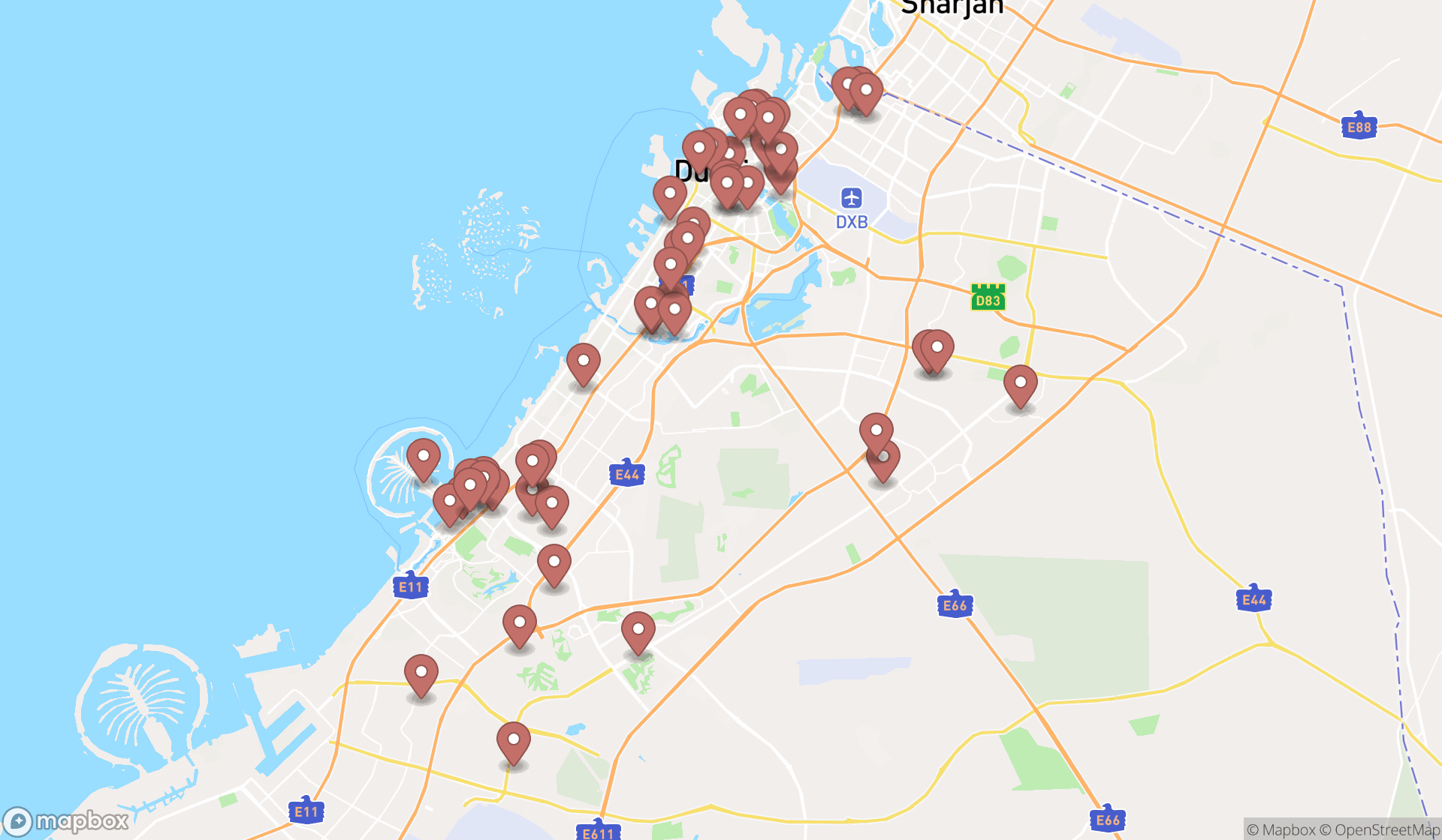 Map showing the search results in Dubai