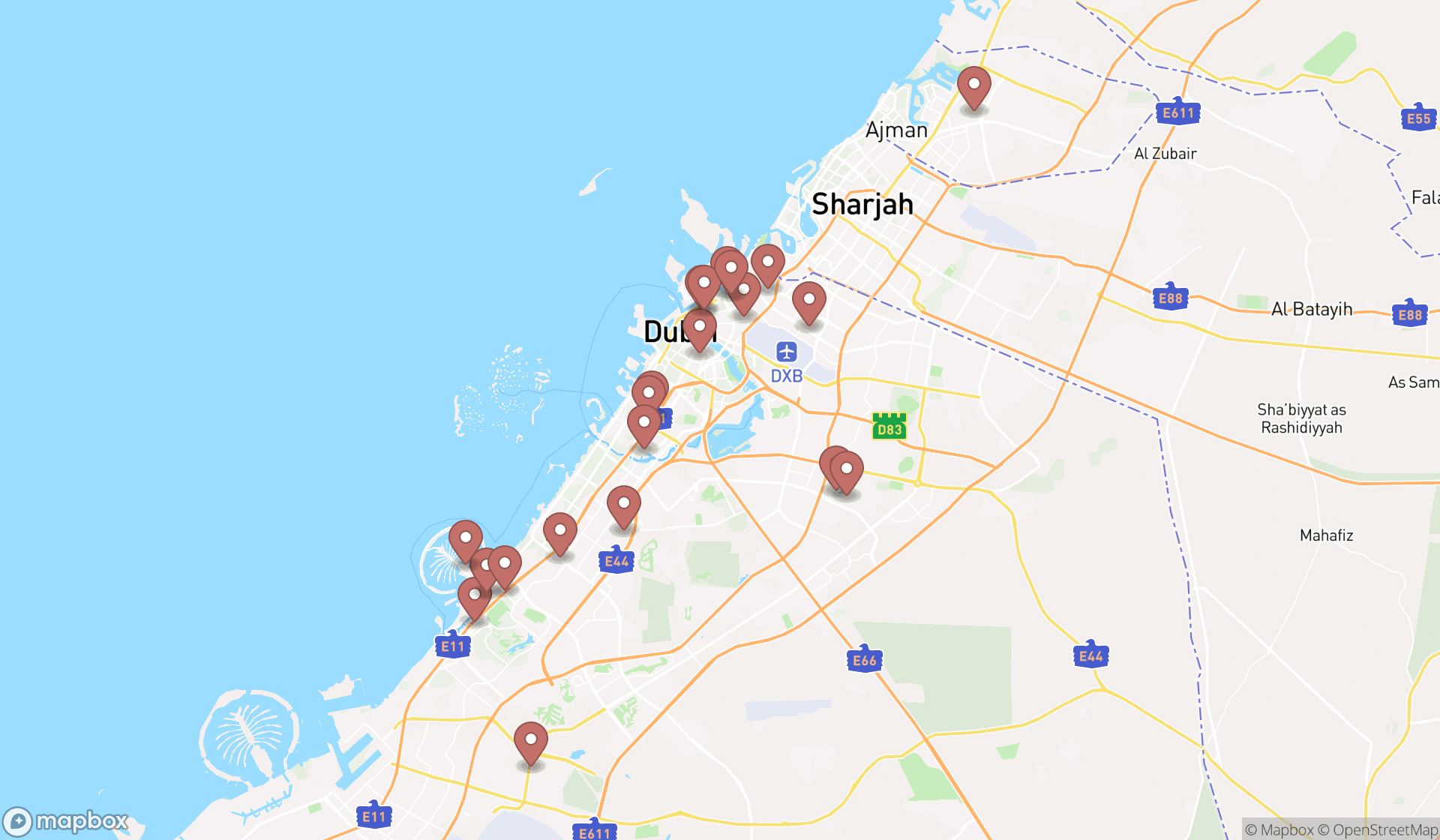 Map showing the search results in Dubai