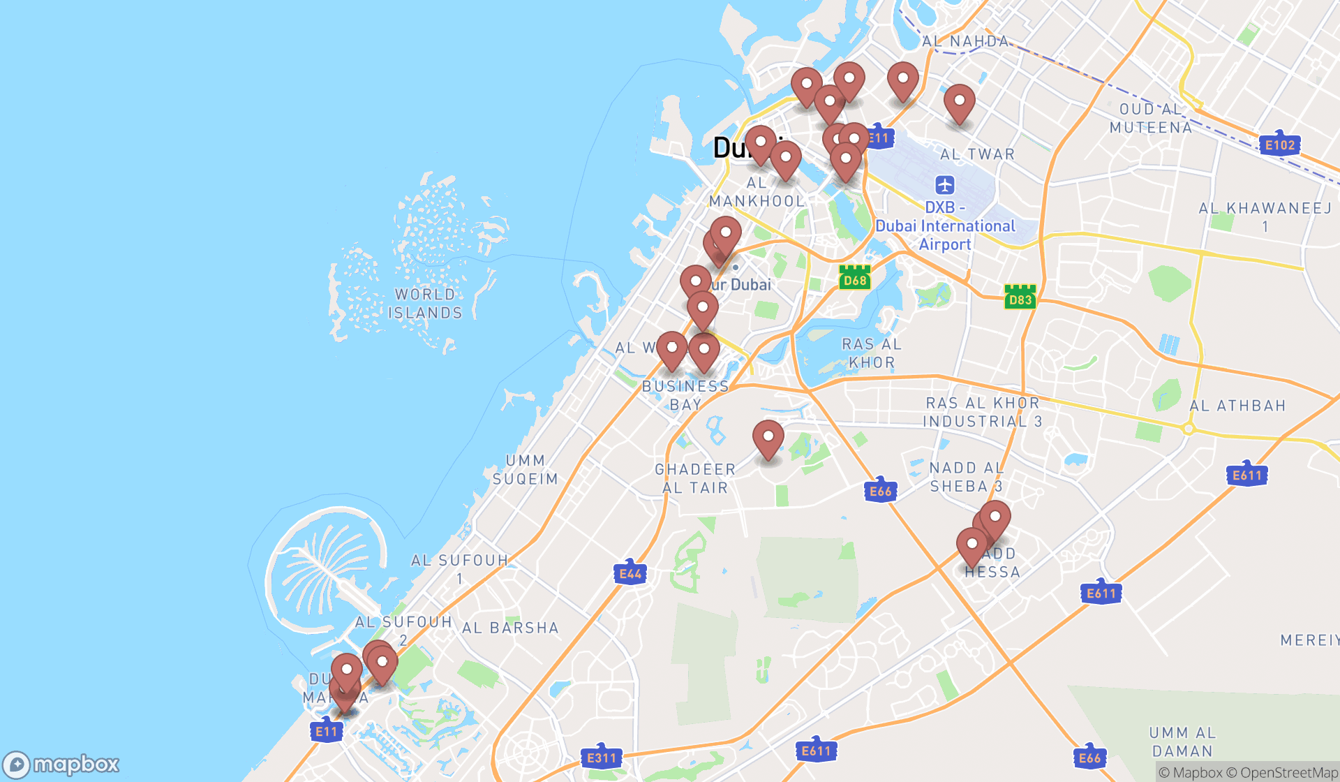 Map showing the search results in Dubai