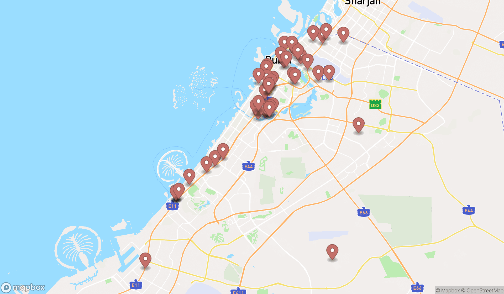 Map showing the search results in Dubai