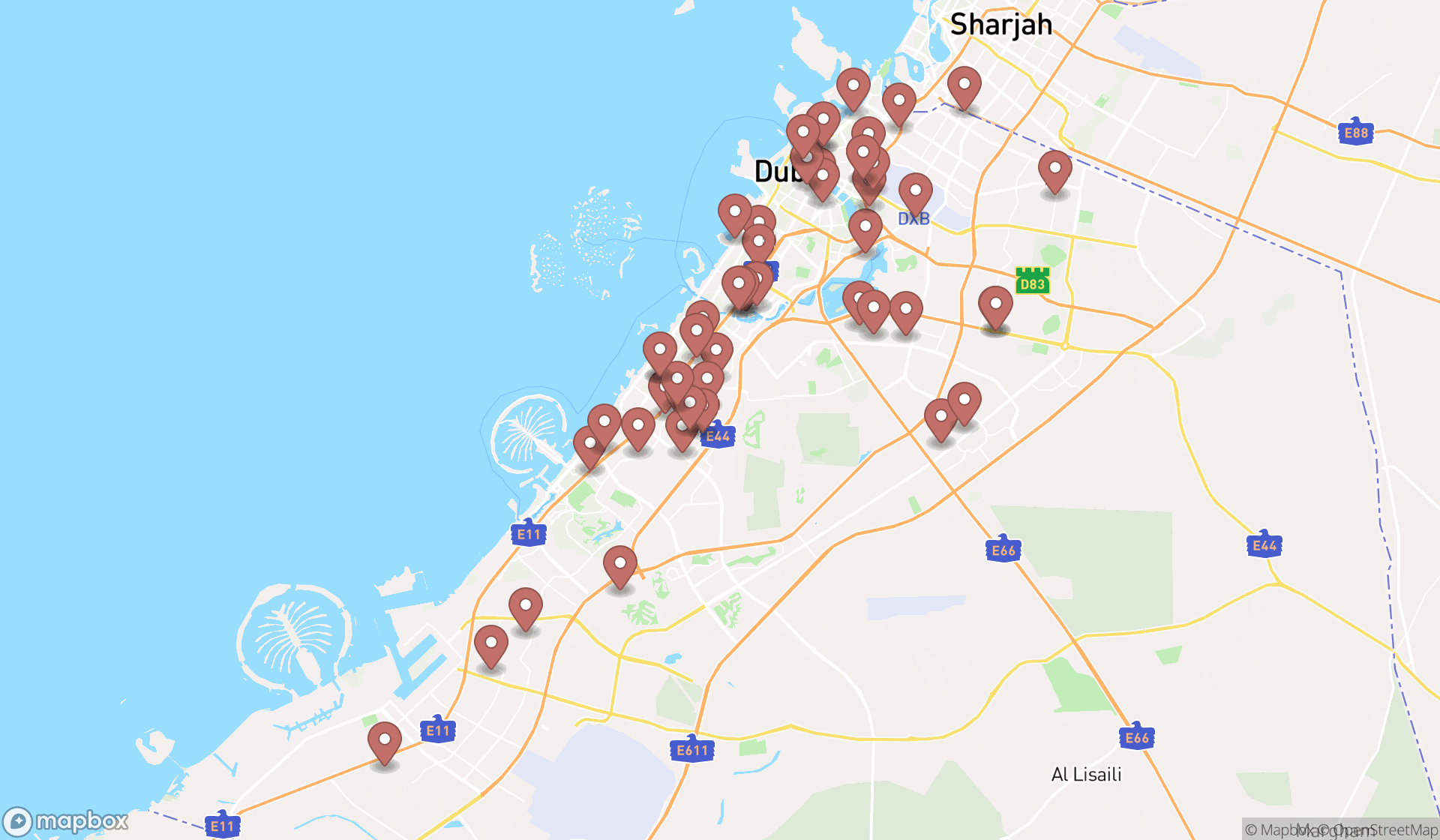Map showing the search results in Dubai