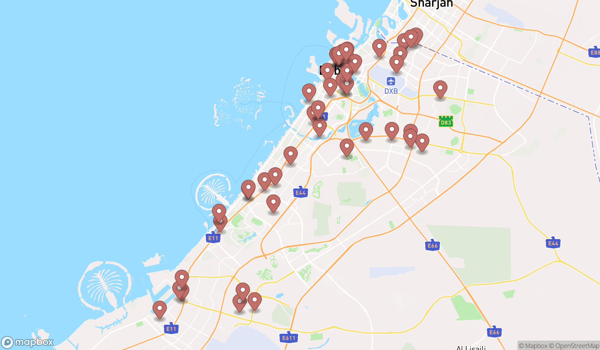 Map showing the search results in Dubai