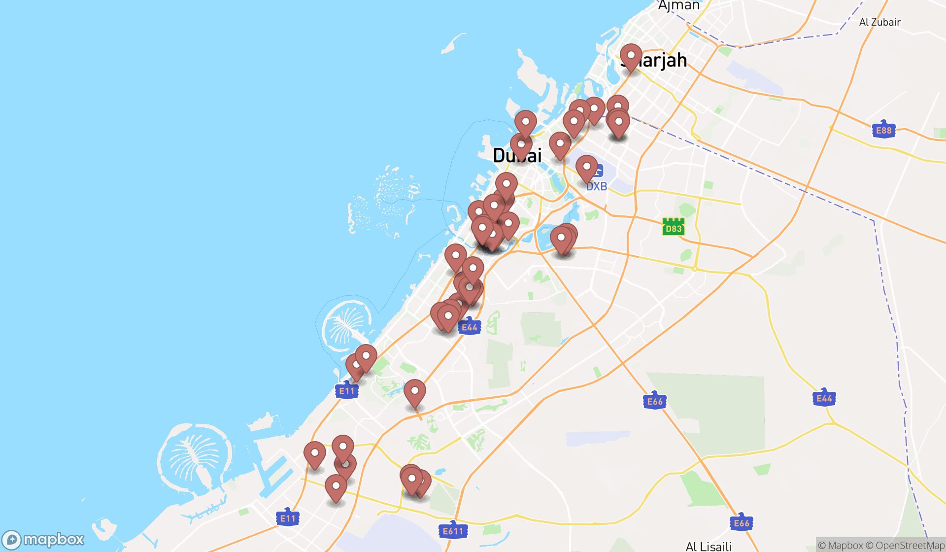 Map showing the search results in Dubai