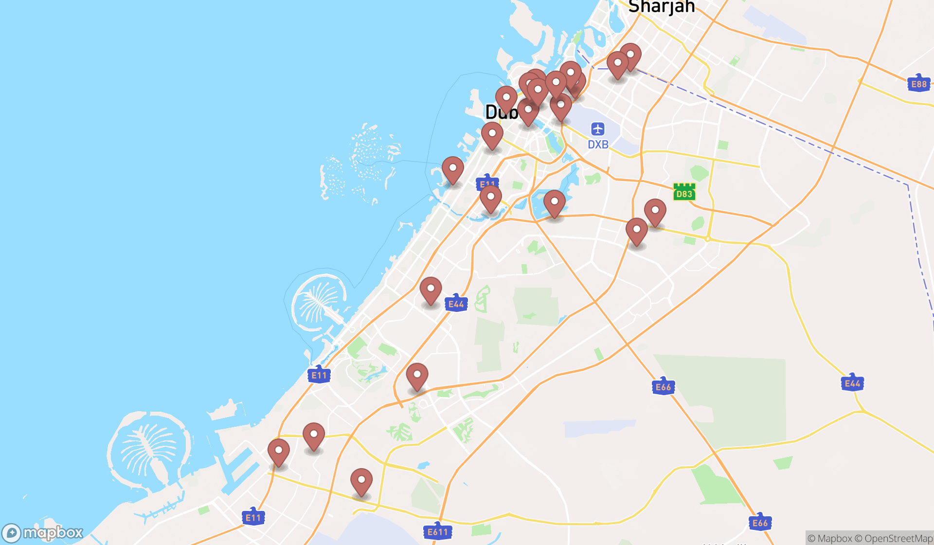 Map showing the search results in Dubai