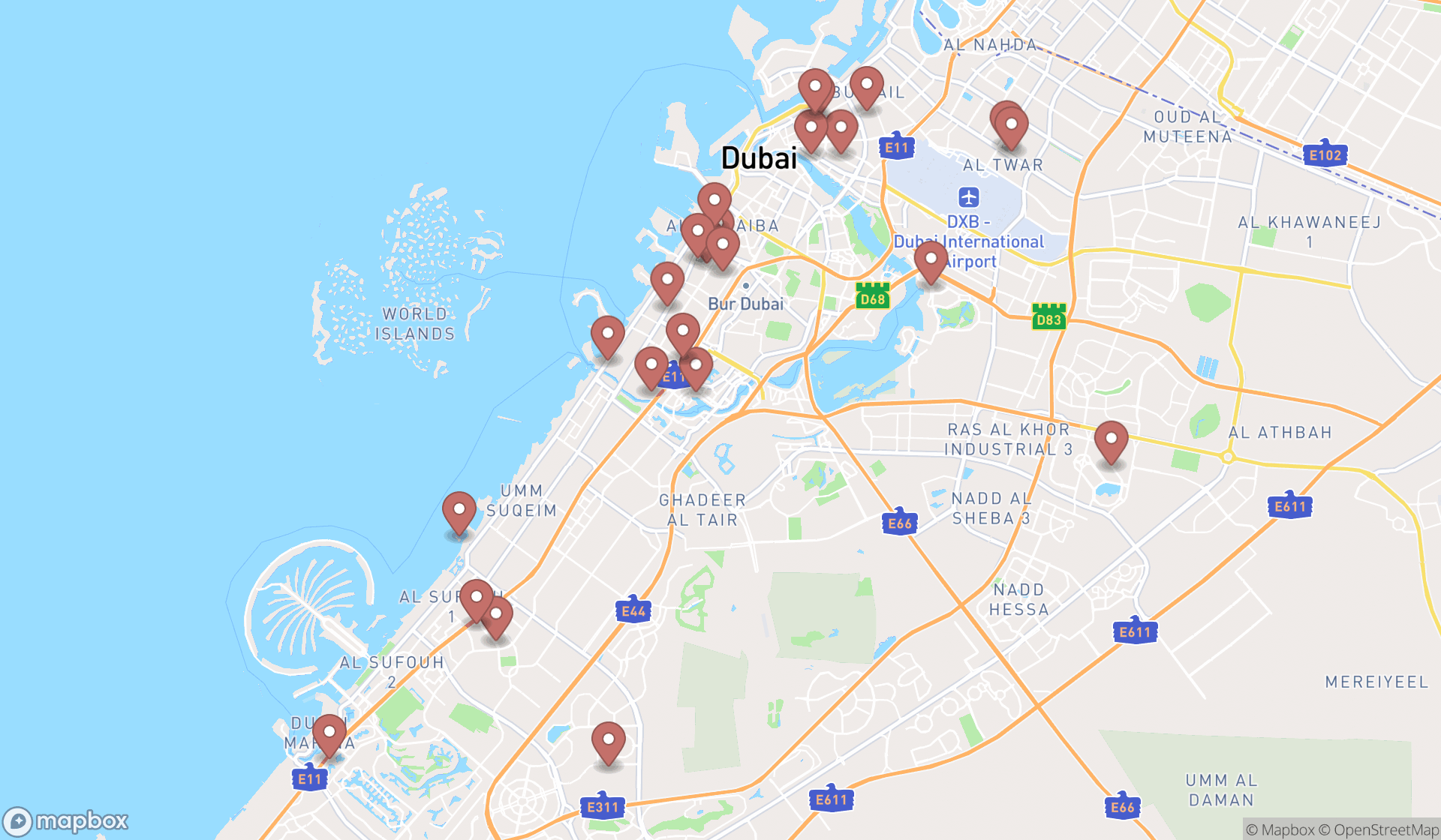 Map showing the search results in Dubai