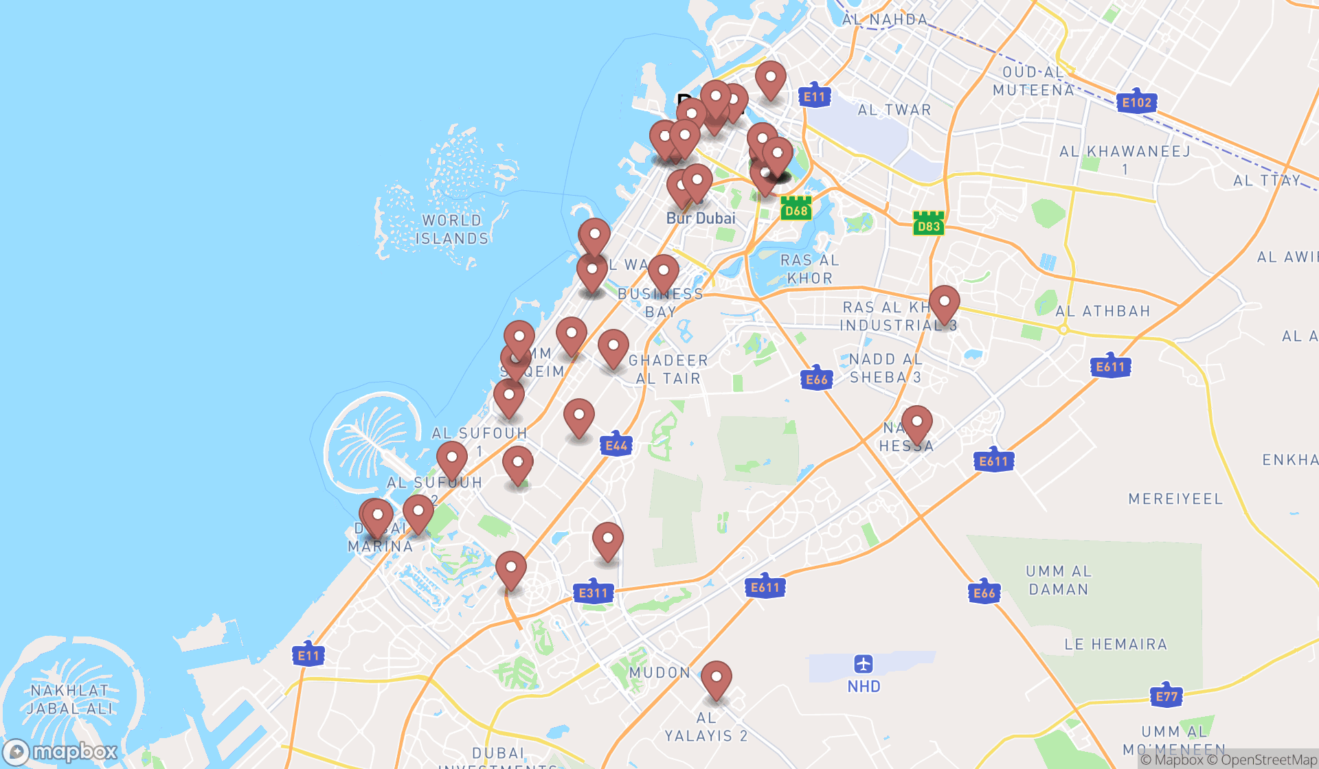 Map showing the search results in Dubai