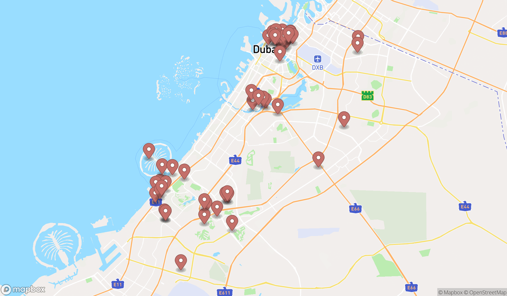 Map showing the search results in Dubai