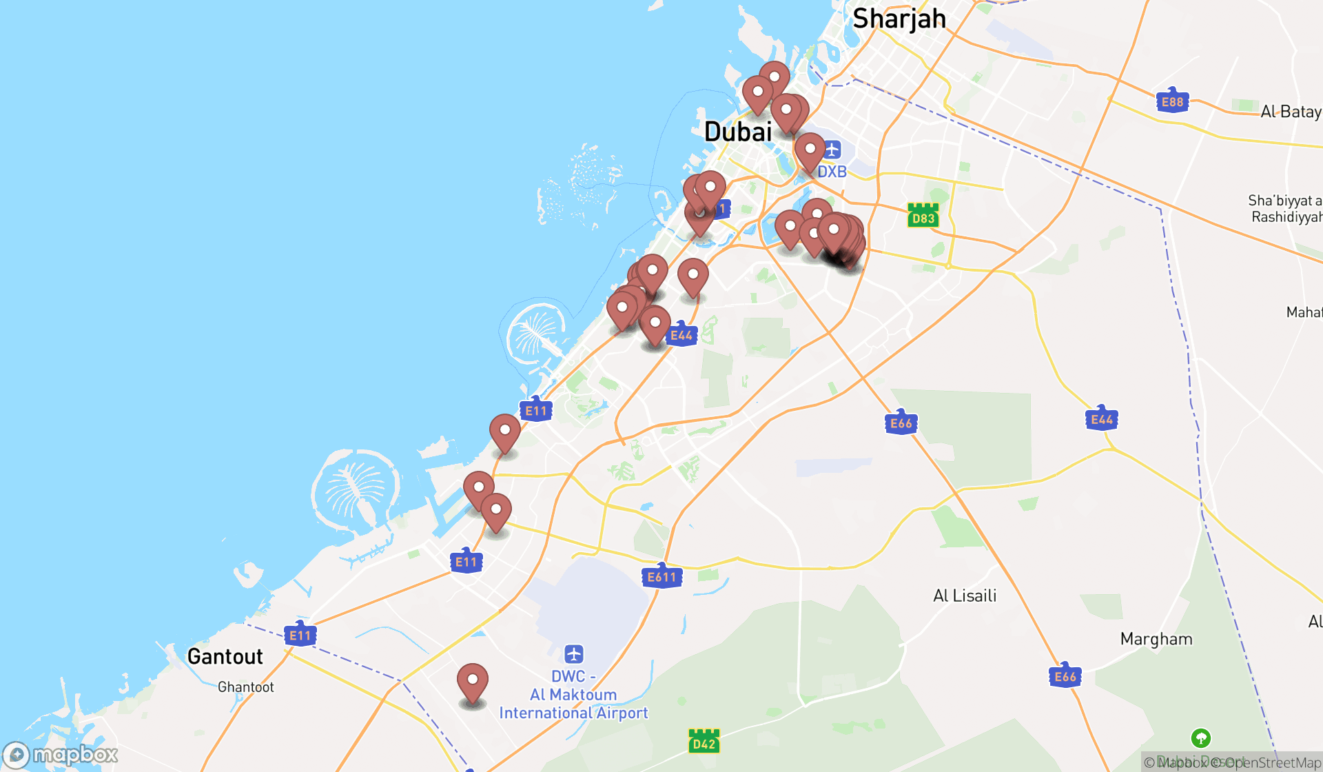 Map showing the search results in Dubai