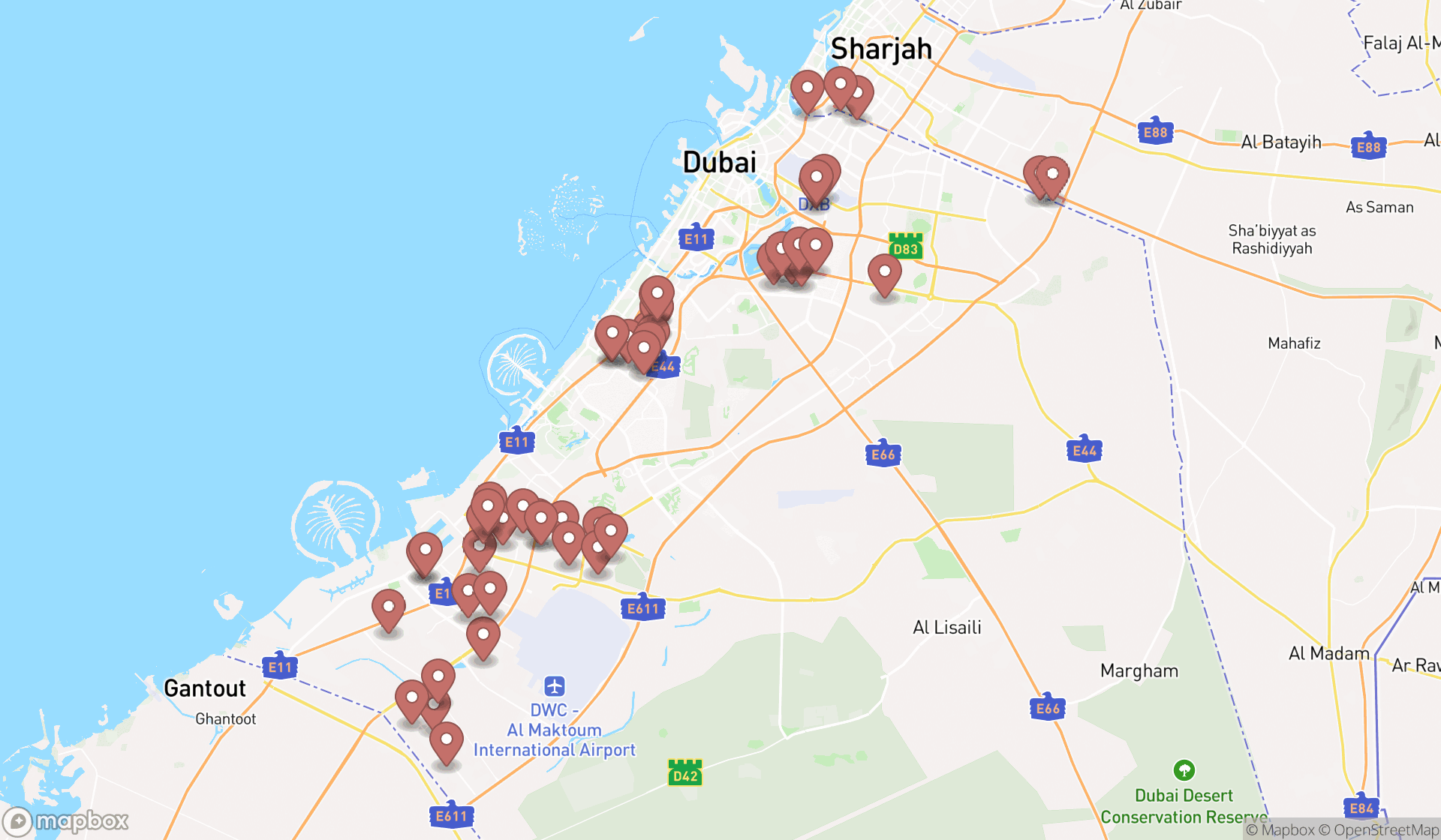 Map showing the search results in Dubai