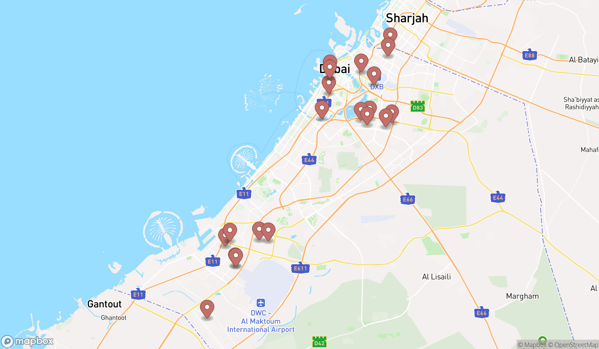 Map showing the search results in Dubai