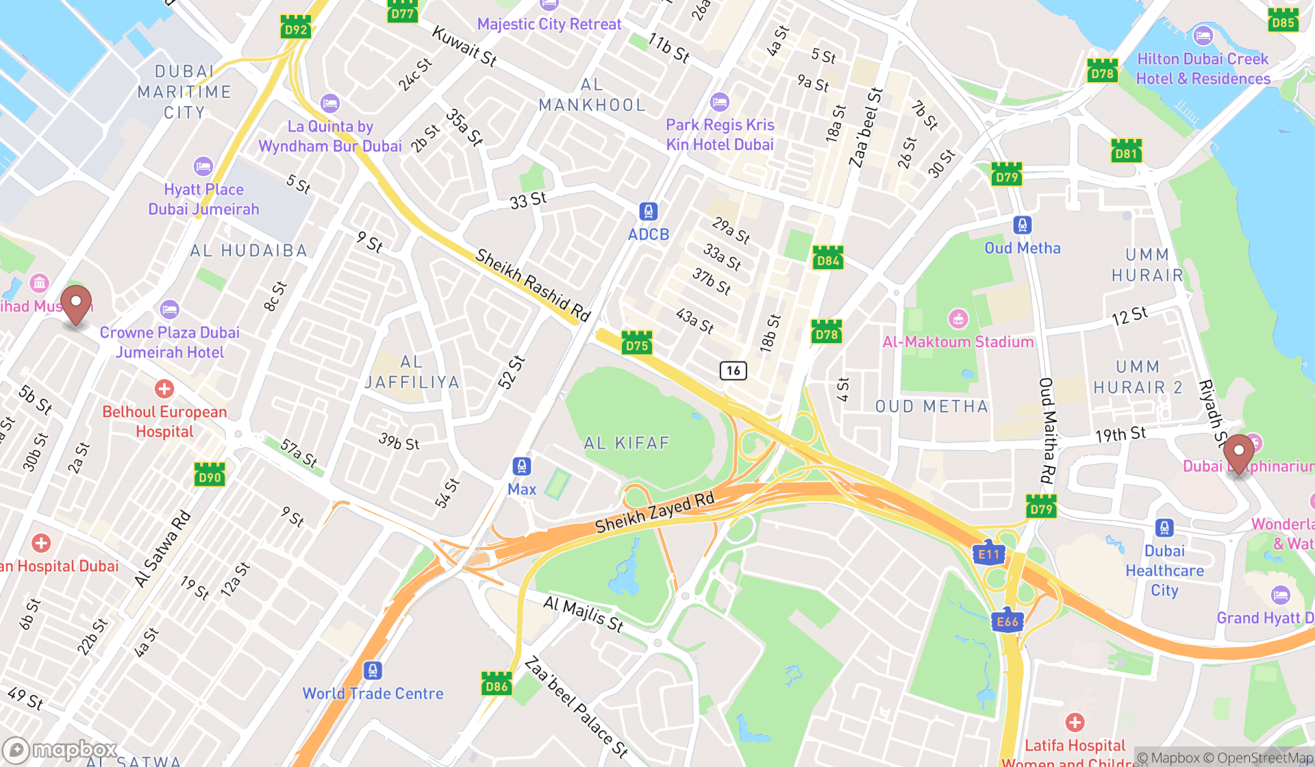 Map showing the search results in Dubai