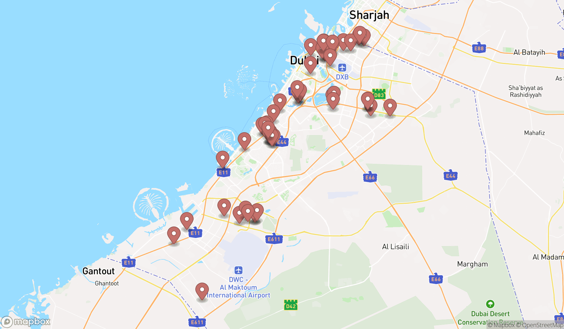 Map showing the search results in Dubai