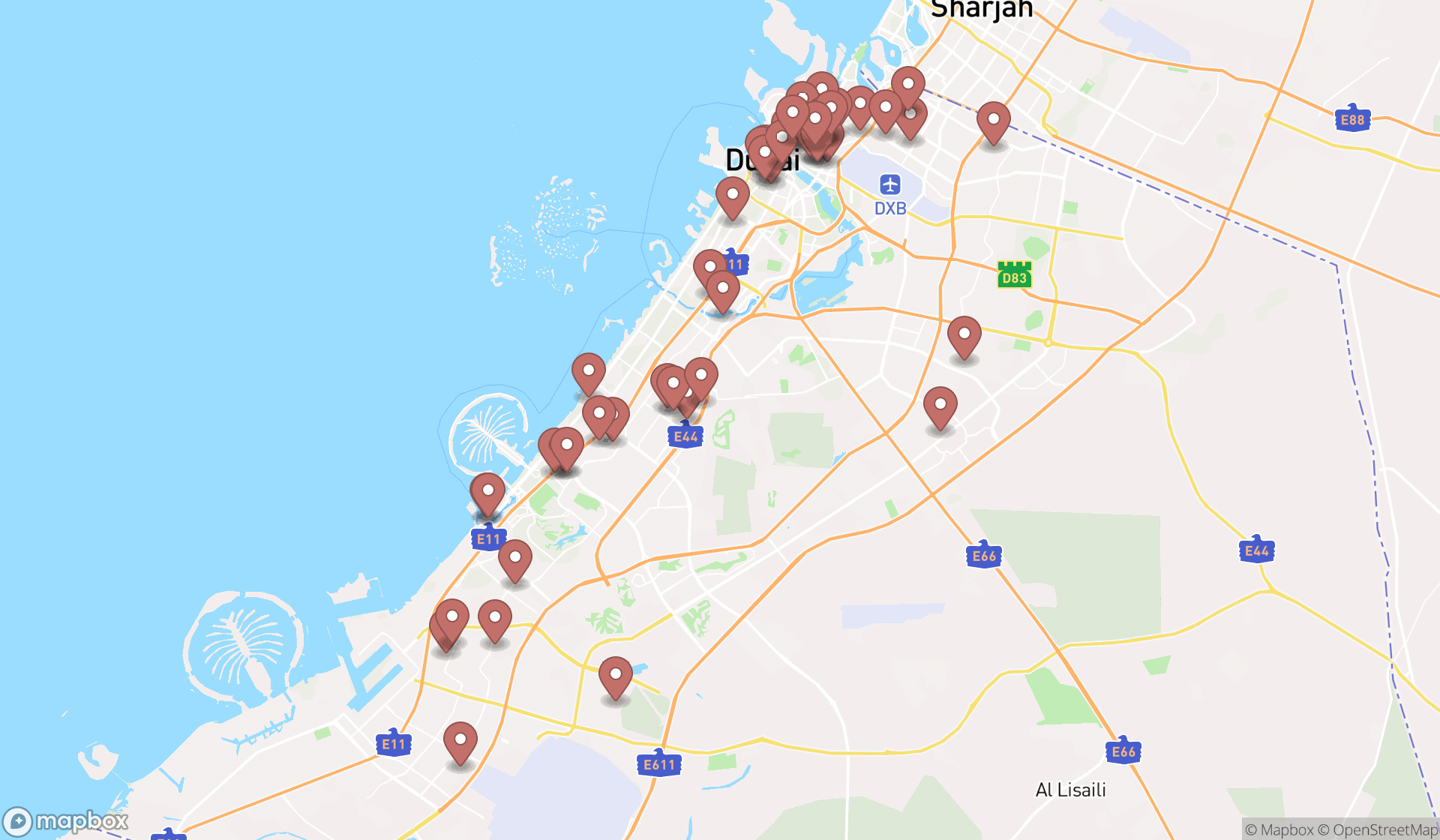 Map showing the search results in Dubai