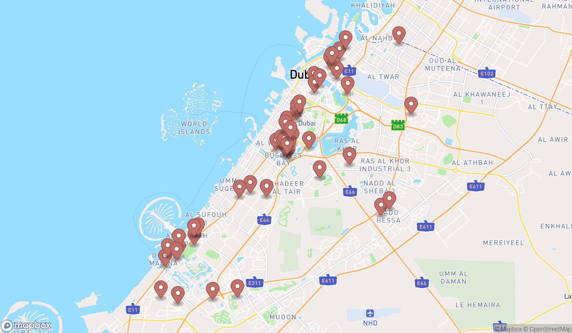 Map showing the search results in Dubai