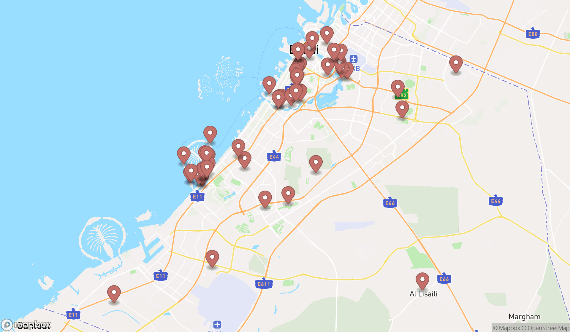 Map showing the search results in Dubai