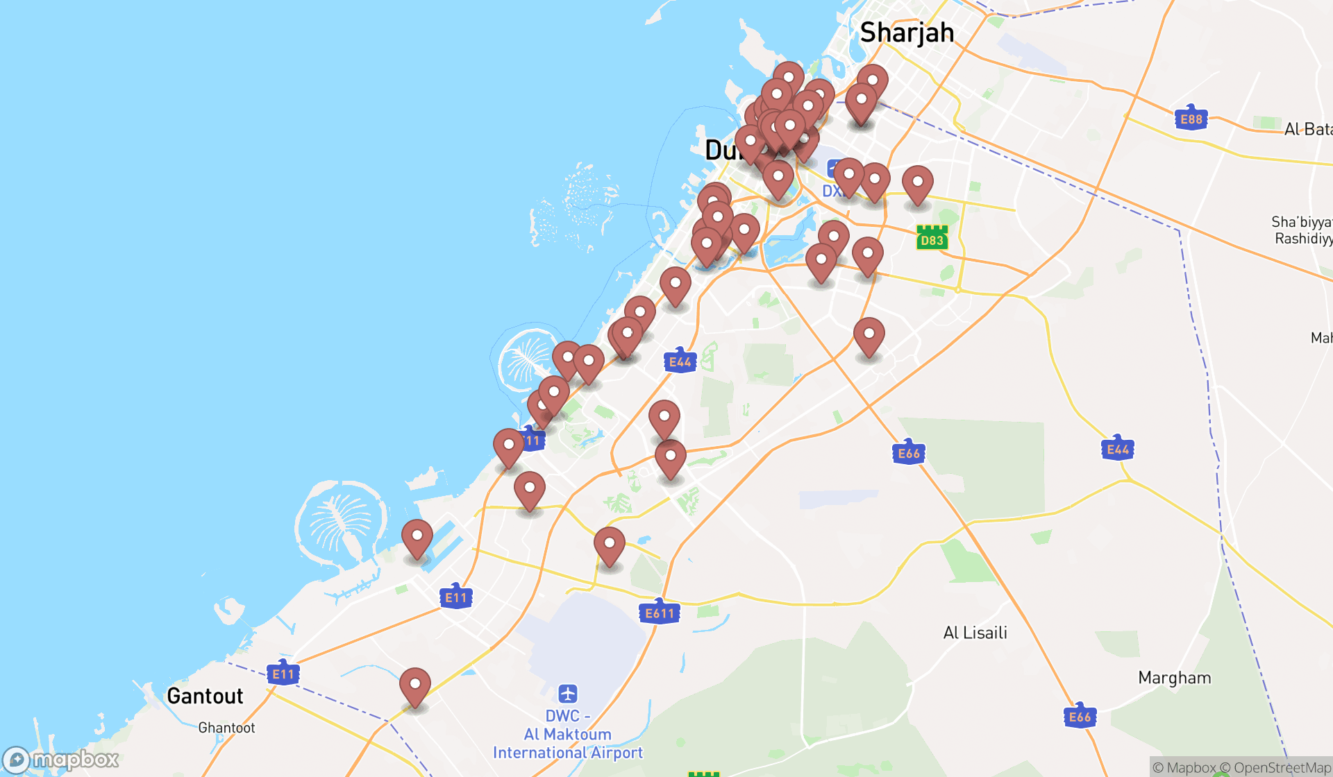Map showing the search results in Dubai