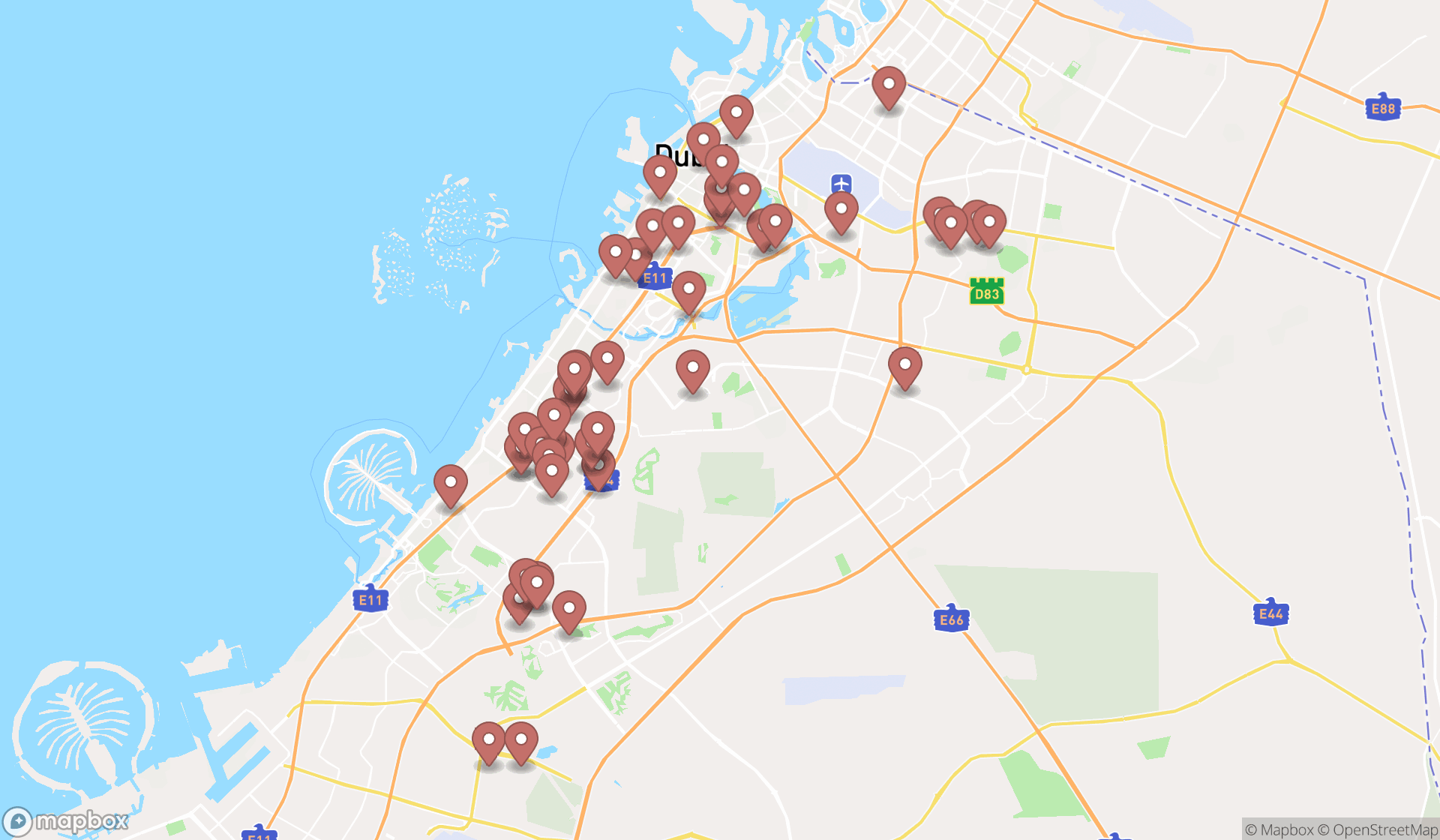 Map showing the search results in Dubai
