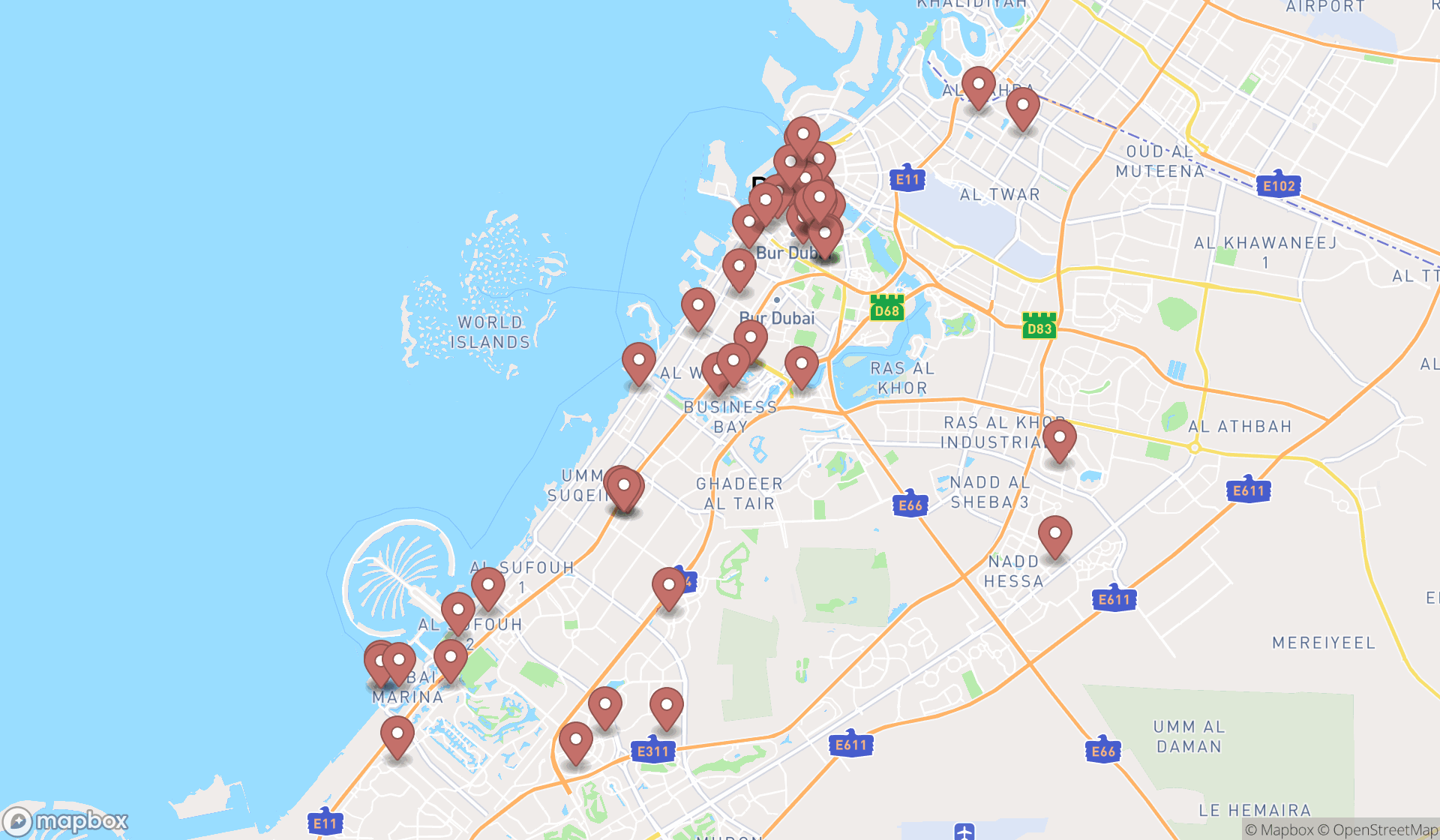 Map showing the search results in Dubai