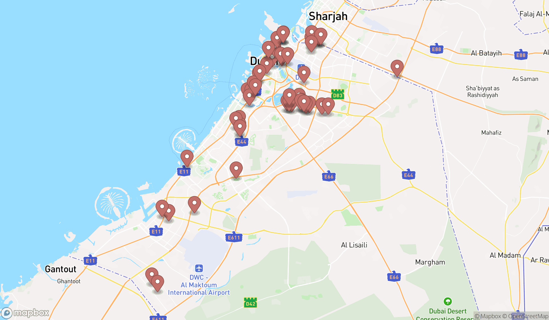 Map showing the search results in Dubai
