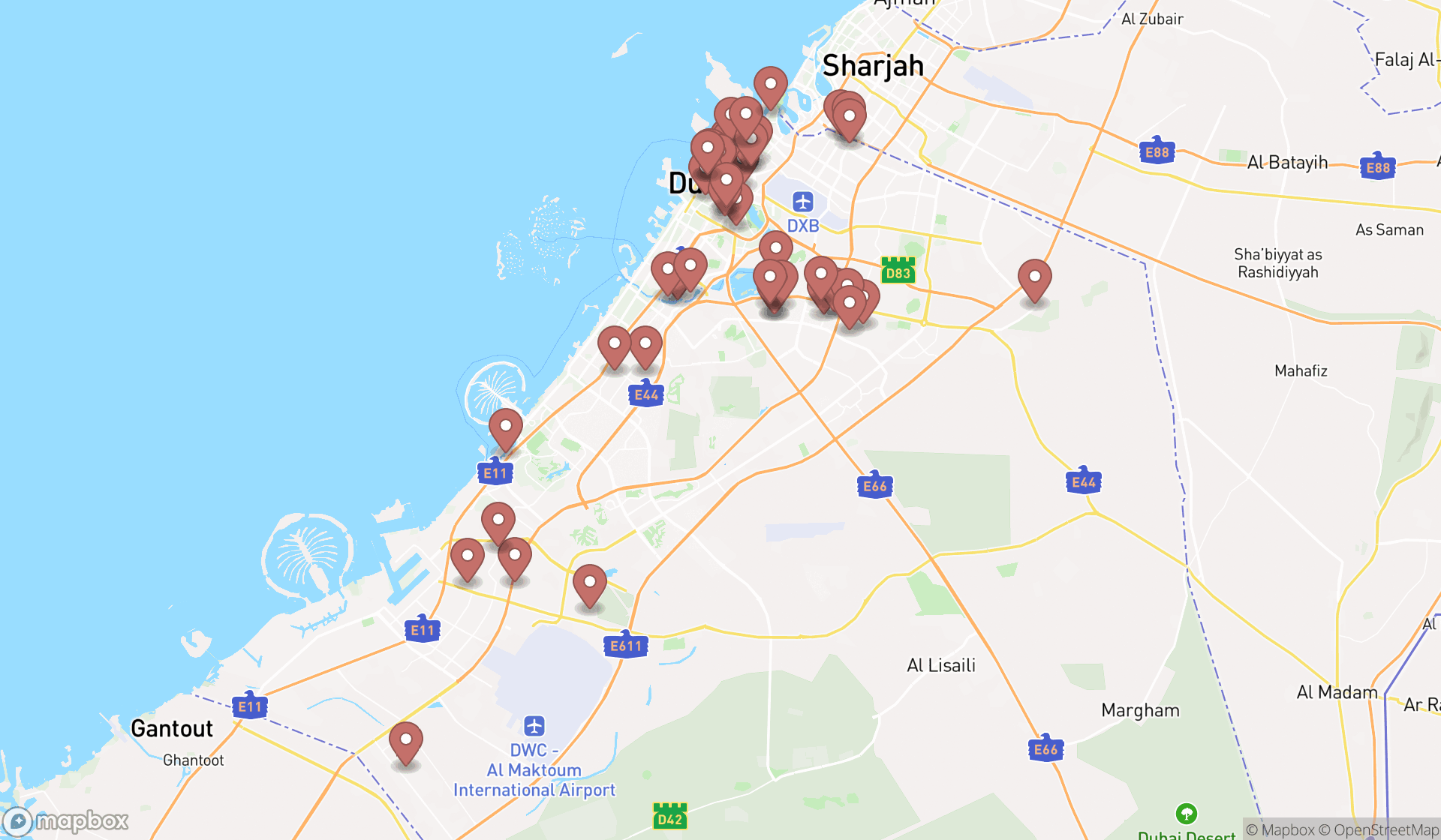 Map showing the search results in Dubai