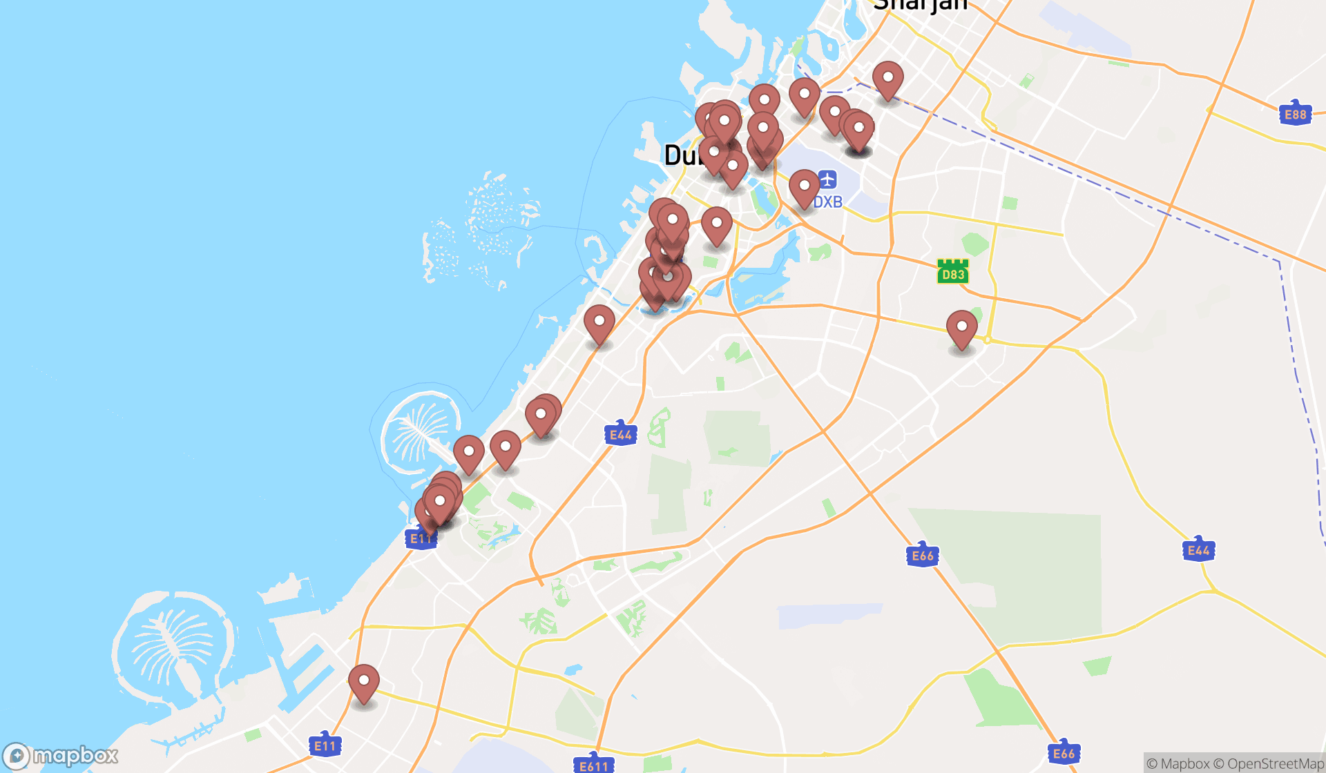Map showing the search results in Dubai