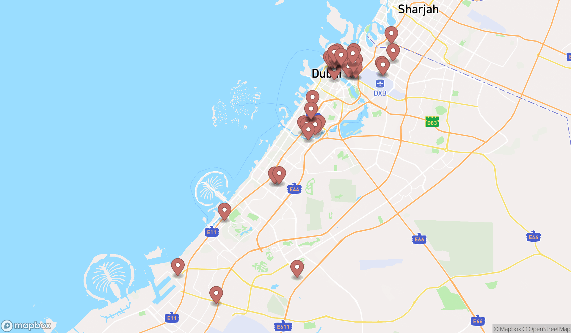 Map showing the search results in Dubai
