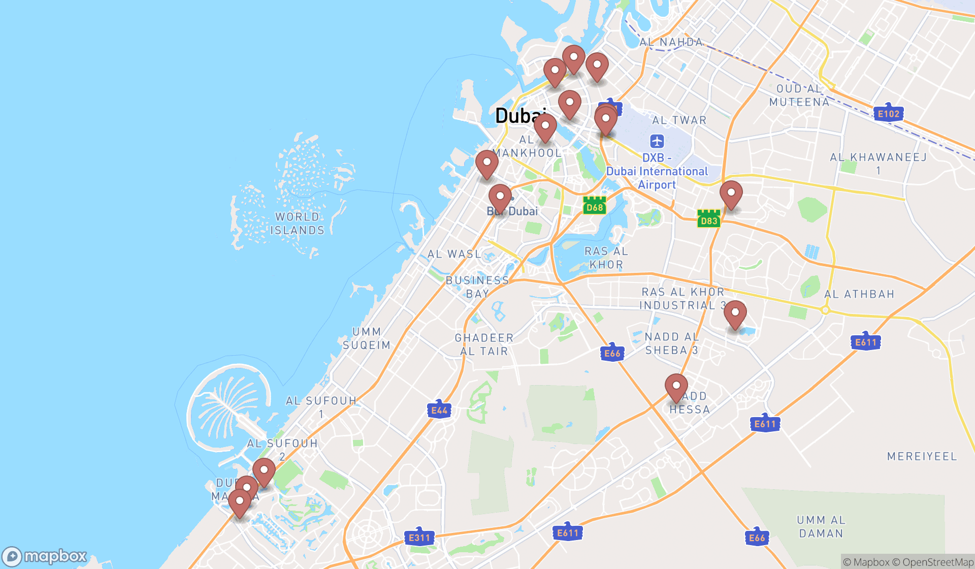 Map showing the search results in Dubai