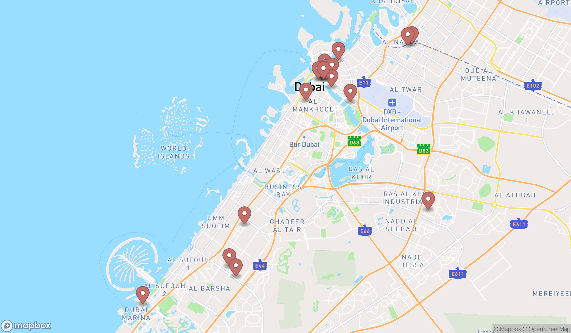 Map showing the search results in Dubai