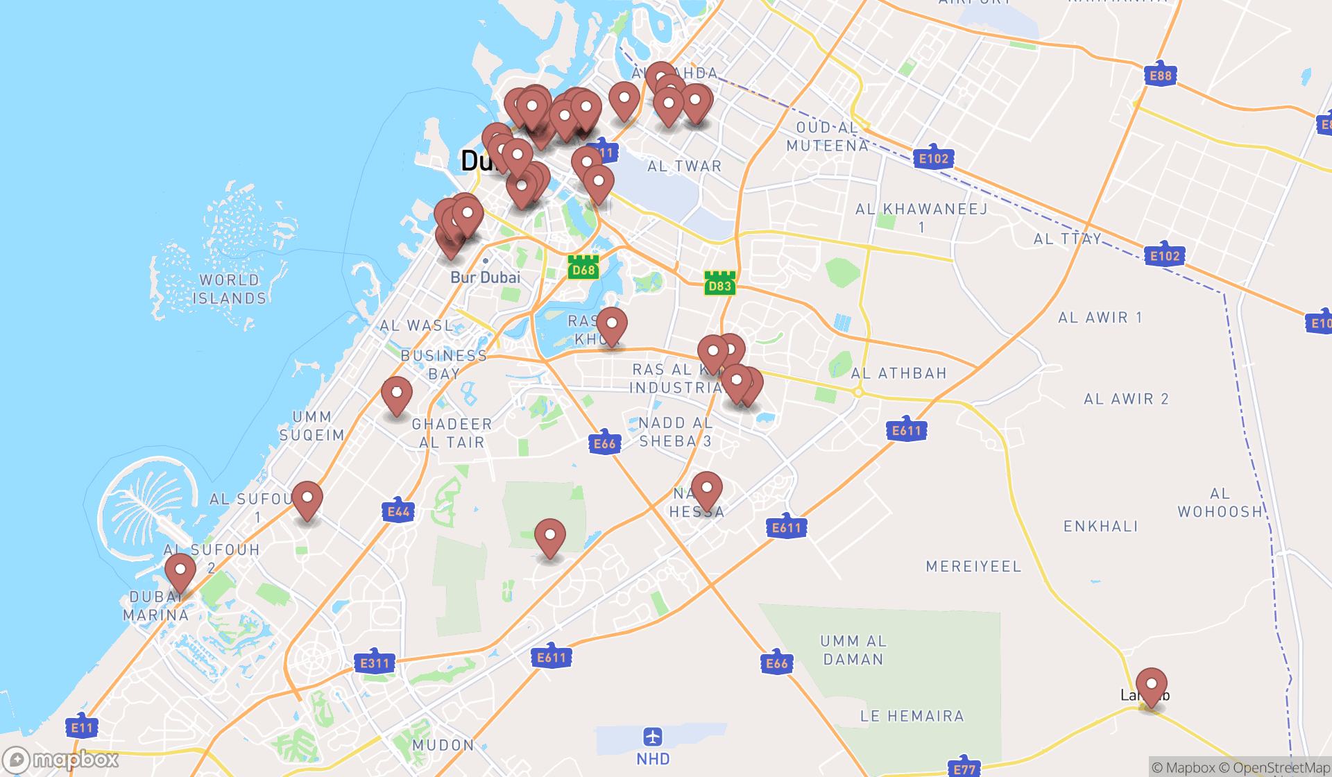 Map showing the search results in Dubai