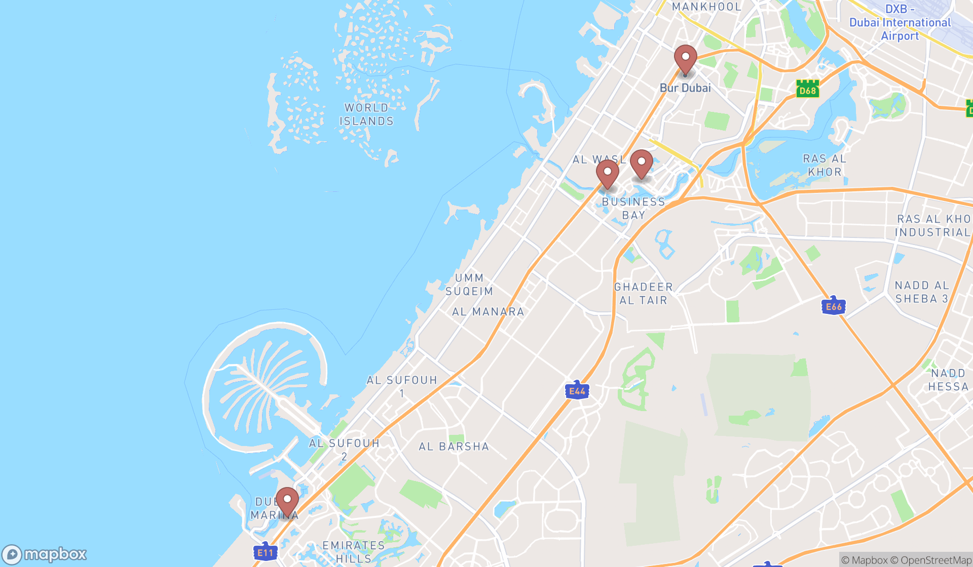 Map showing the search results in Dubai