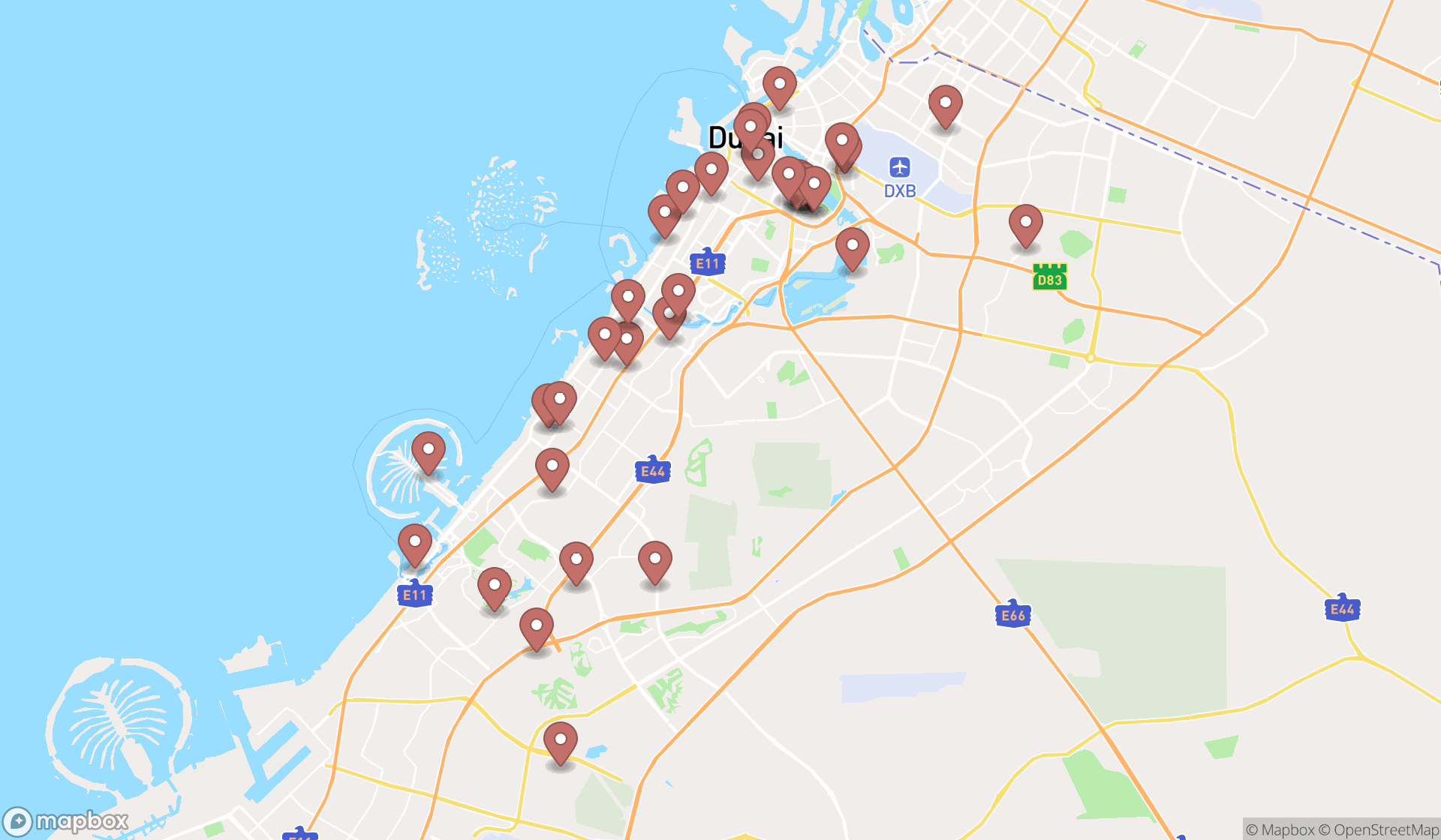 Map showing the search results in Dubai