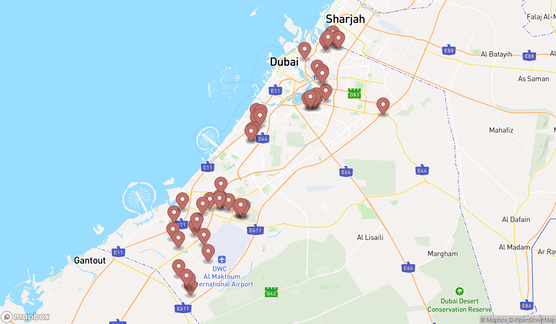 Map showing the search results in Dubai