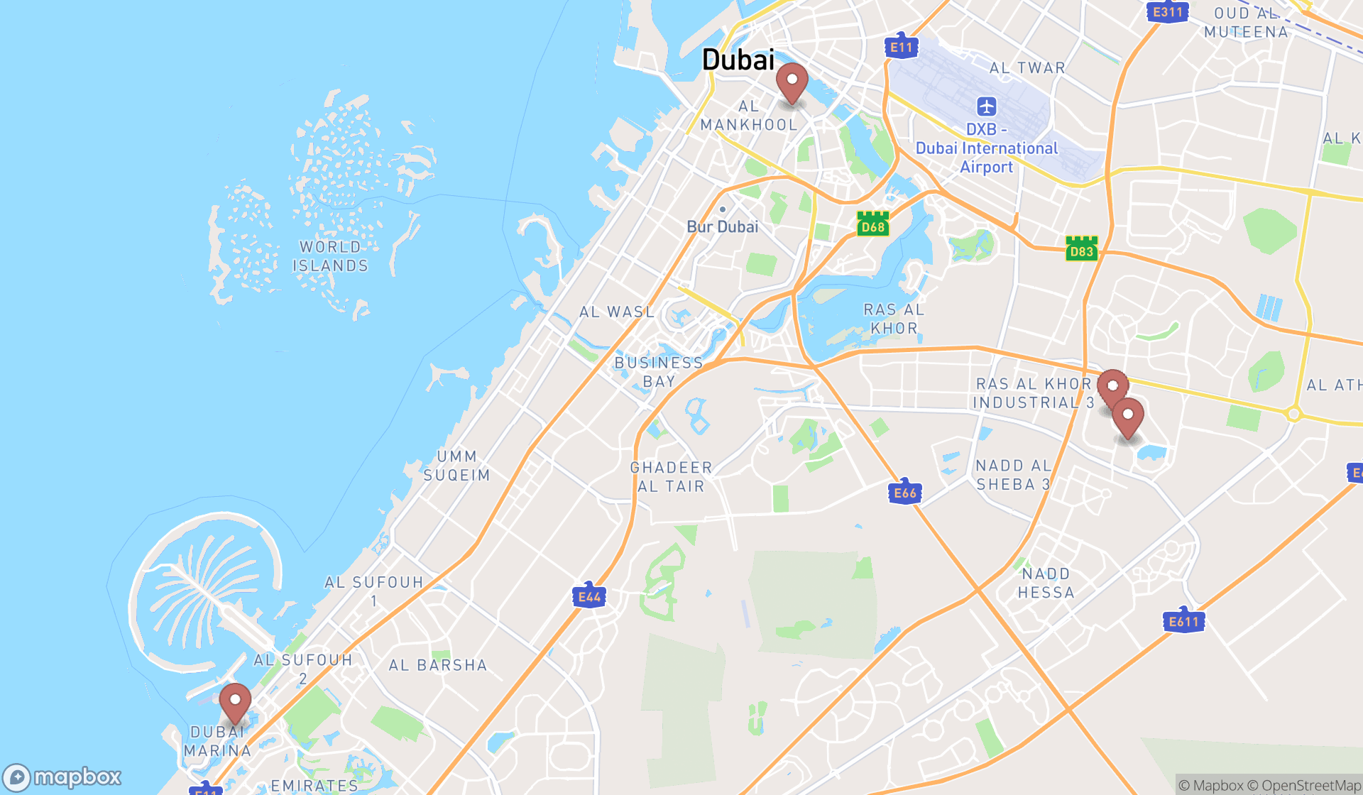 Map showing the search results in Dubai