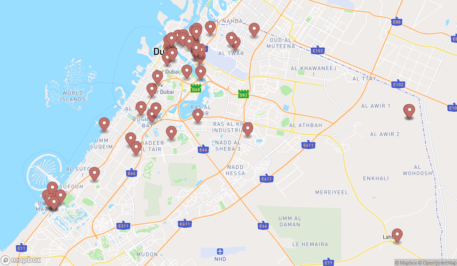 Map showing the search results in Dubai