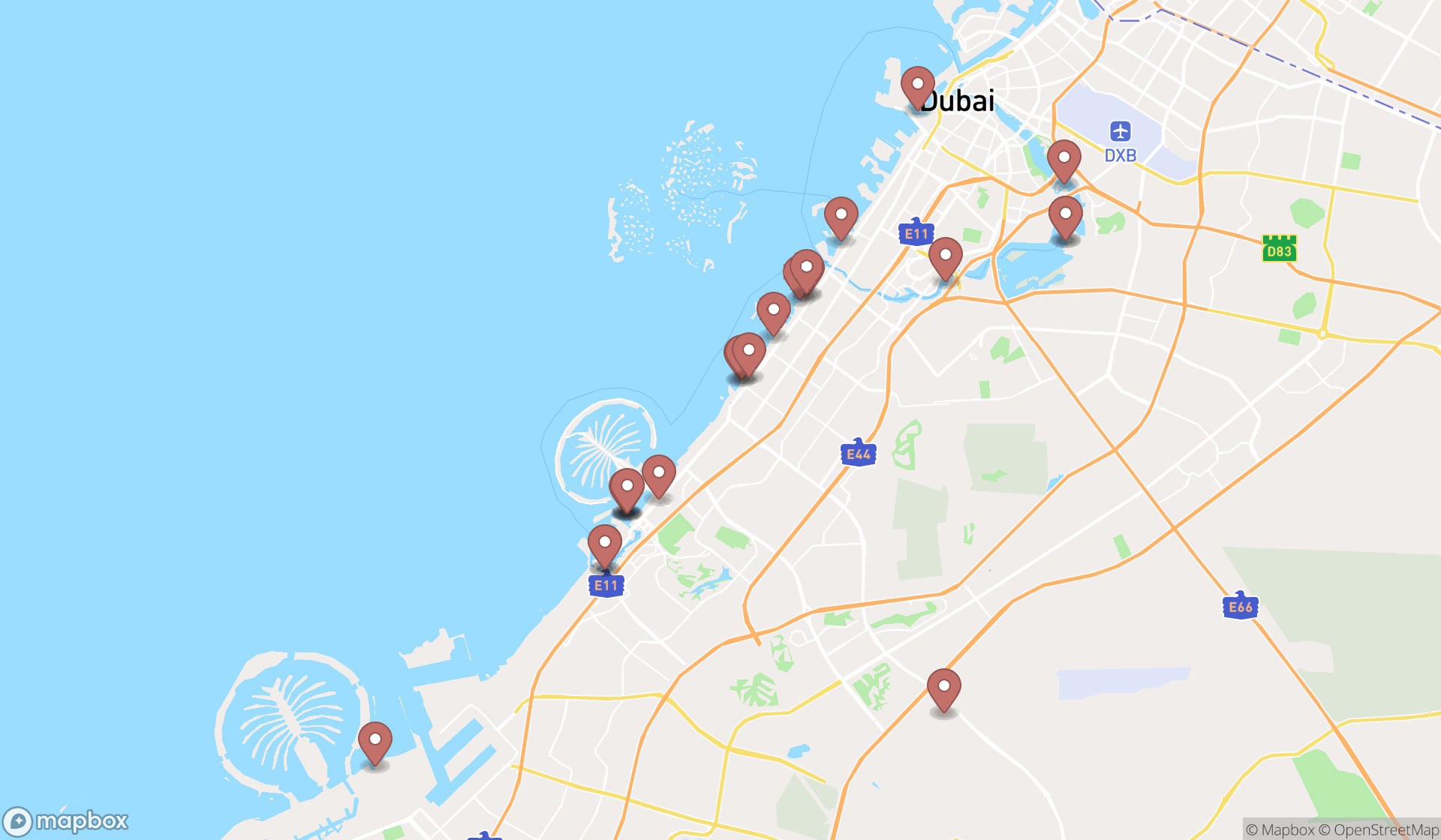 Map showing the search results in Dubai