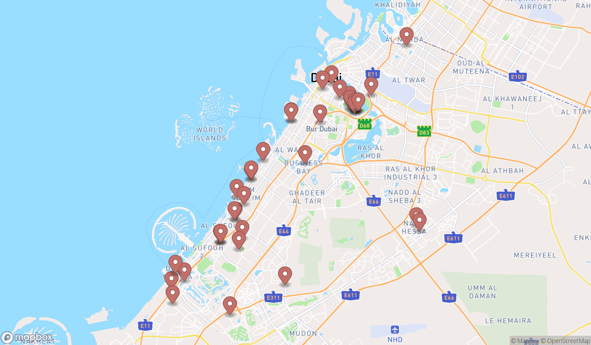 Map showing the search results in Dubai