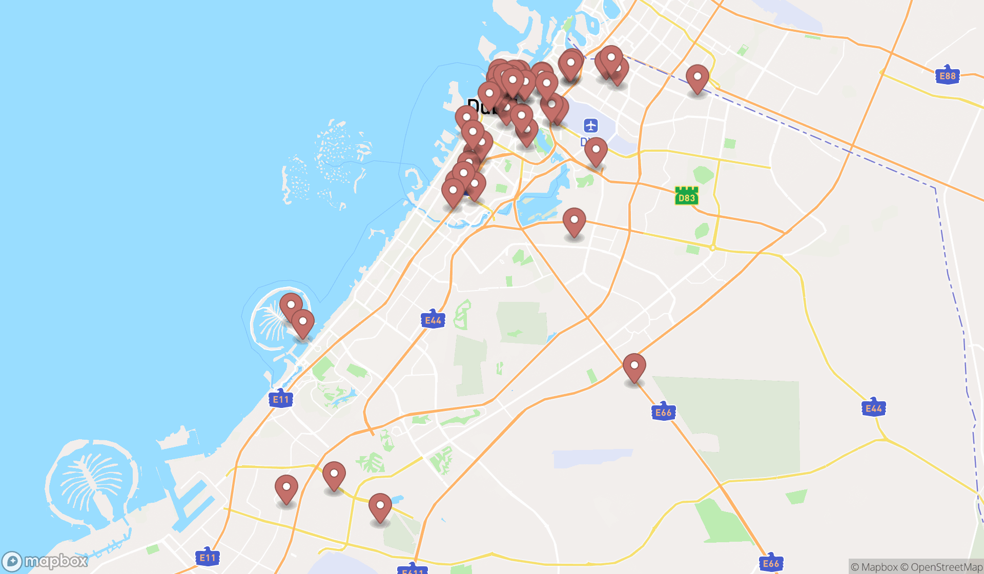 Map showing the search results in Dubai