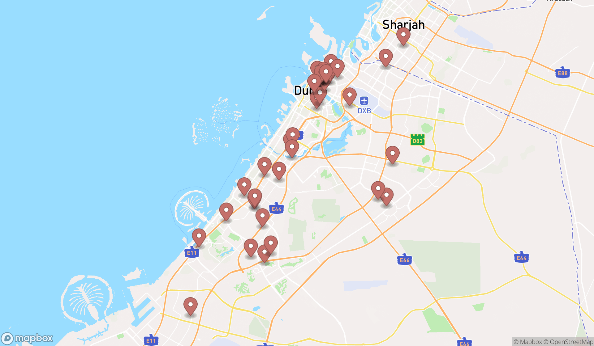Map showing the search results in Dubai