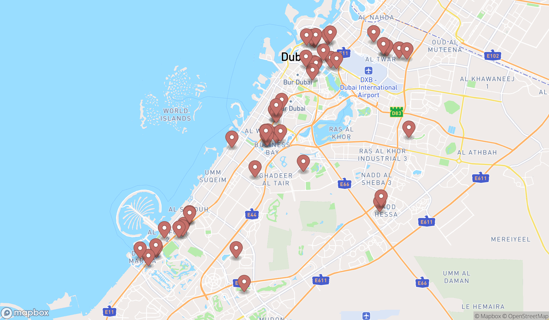 Map showing the search results in Dubai